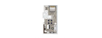 A floor plan of a small apartment with a kitchen, living/dining area, and a bedroom.