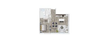 A floor plan of a home with a living room, dining room, kitchen, and bathroom.