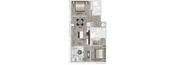 A floor plan of a small apartment with a living room, kitchen, dining room, bedroom, and walk-in closet.