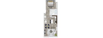 A floor plan of a house with a bedroom, living room, dining room, and kitchen.