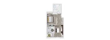 A floor plan of a small apartment with a bedroom, living/dining area, and kitchen.