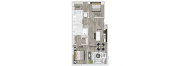 A floor plan of an apartment with a living room, kitchen, dining area, and three bedrooms.