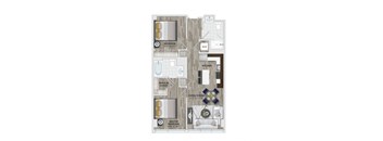A floor plan of an apartment with a living room, kitchen, and two bedrooms.