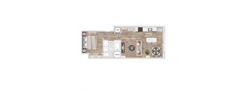 A floor plan of a small apartment with a bedroom, living/dining area, kitchen, bathroom, and closet.