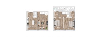 A floor plan of a two bedroom apartment with a kitchen and living room.
