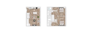 A floor plan of a two-bedroom apartment with a living room, kitchen, and bathroom.