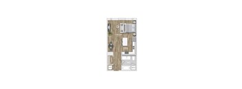 A floor plan of a small apartment with a living room, kitchen, and bathroom.