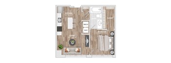 A floor plan of a small apartment with a living room, kitchen, bathroom, bedroom, and closet.