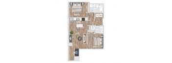 A floor plan of a house with a kitchen, living room, and two bedrooms.