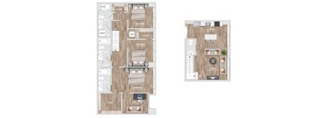 A floor plan of a two-bedroom apartment with a living room and a kitchen.