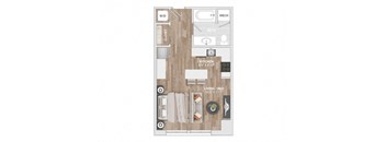 A floor plan of a small apartment with a kitchen, bathroom, and living room.