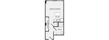 A floor plan of a house with a living/sleeping area, kitchen, bathroom, and a custom closet.
