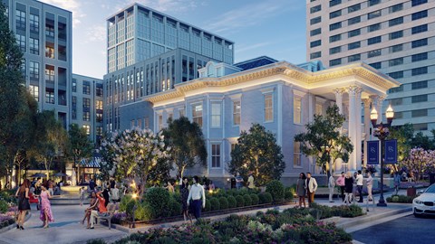 Historic building facade with modern urban backdrop at Vandeveer Apartments, Florida