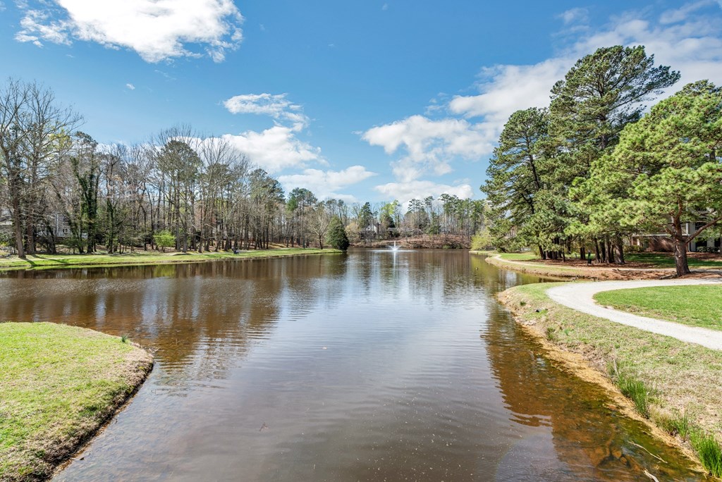 a small body of water surrounded by grass and trees at Brampton Moors, Cary, NC