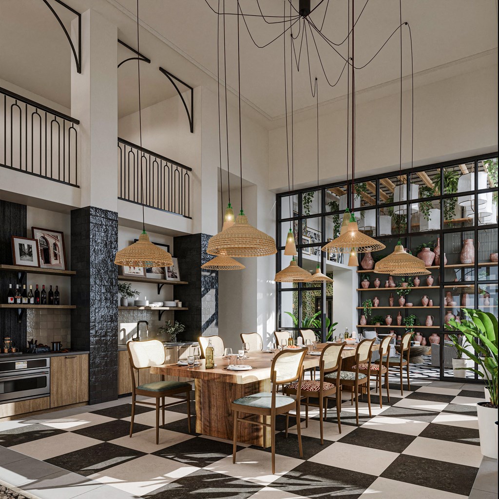 a clubroom with a long table and chairs and a large window