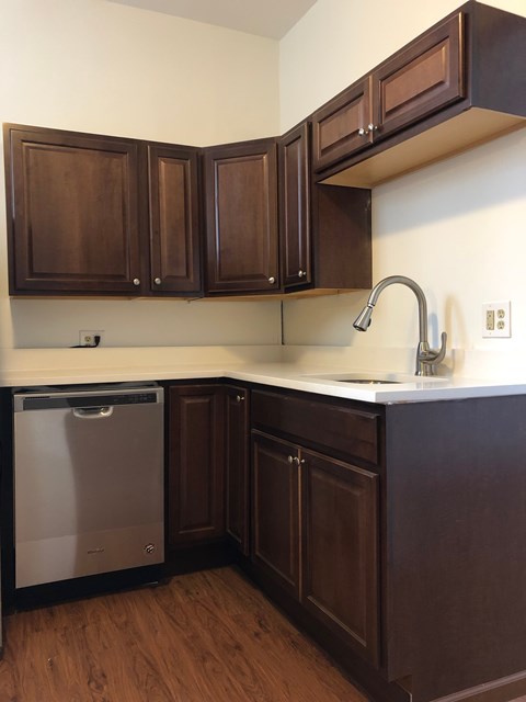 A kitchen with brown cabinets and a stainless steel dishwasher.