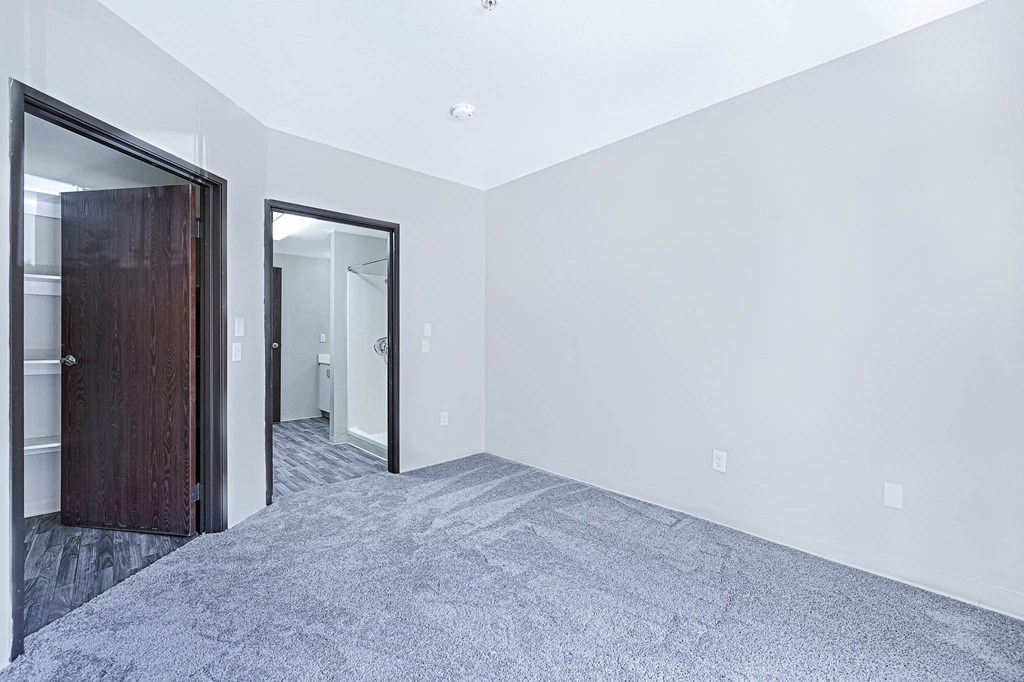a bedroom with a closet and a door to a bathroom