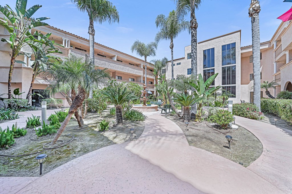 a courtyard with palm trees and buildings at the resort