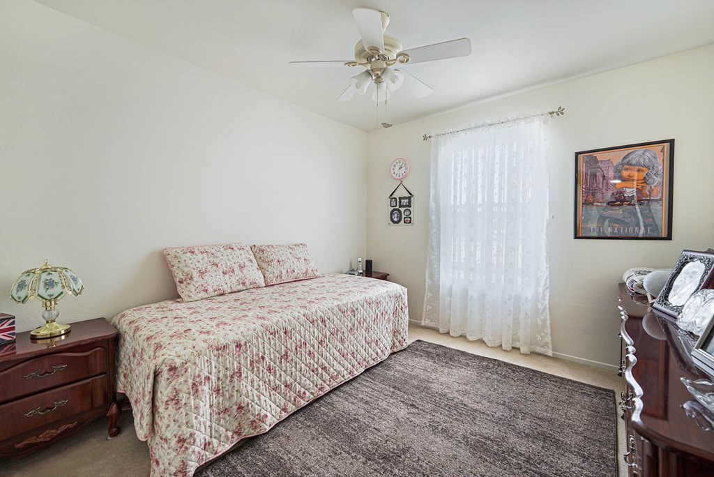 a bedroom with a bed and a ceiling fan