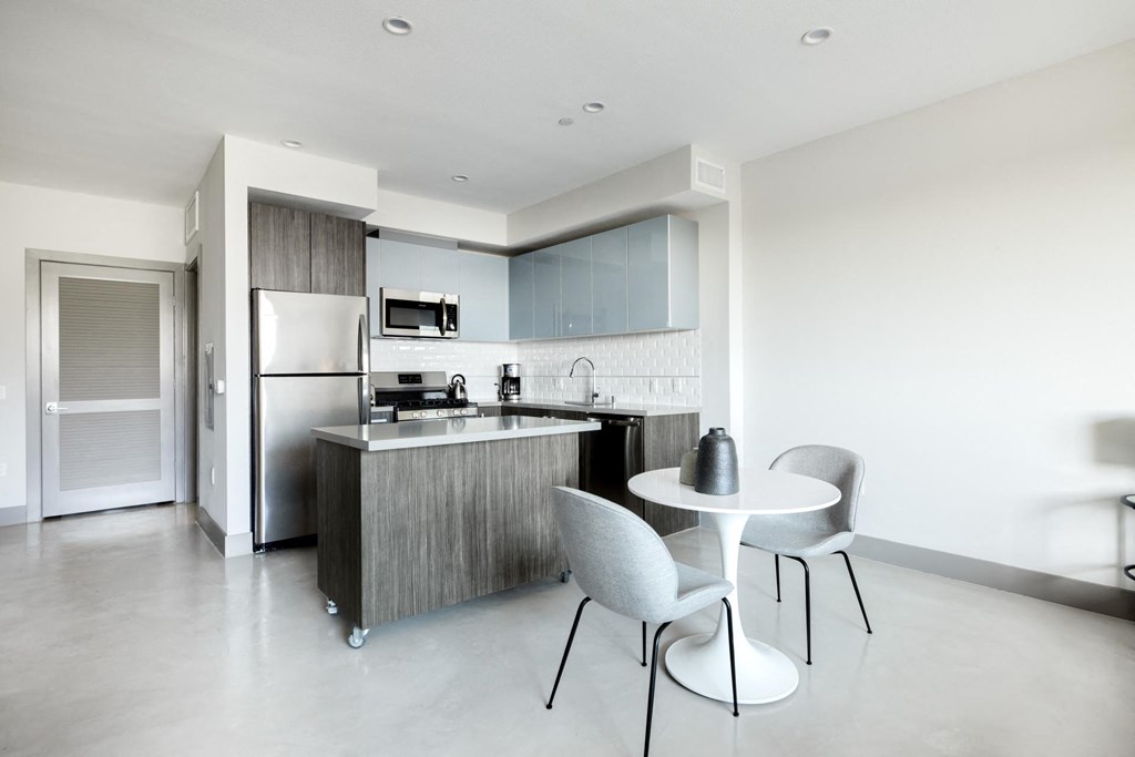 Studio Kitchen with Island at The Mansfield at Miracle Mile, Los Angeles, California