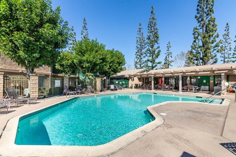 A large outdoor swimming pool surrounded by trees and a covered patio area.