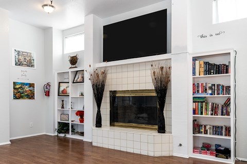 A living room with a fireplace and bookshelves.