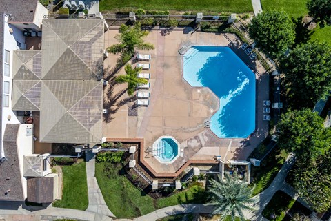 Large swimming pool Bird's eye view at Whispering Fountains Riverside, Riverside, CA, California 