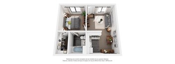 A 3D floor plan of a small apartment with a living room, kitchen, and bathroom.