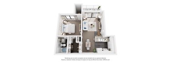 A 3D floor plan of a small apartment with a kitchen, living room, and bathroom.