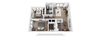 A 3D floor plan of a small apartment with two bedrooms, a living room, and a kitchen.