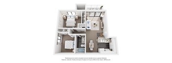 A 3D floor plan of a small apartment with a kitchen, living room, and bathroom.