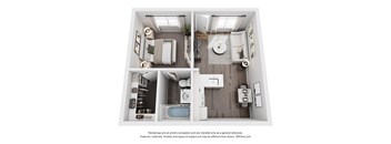 A 3D floor plan of a small apartment with a kitchen, living room, and bathroom.