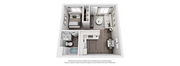 A 3D image of a small apartment with a bedroom, bathroom, and kitchen.