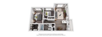 A 3D floor plan of a house with a kitchen, living room, and bathroom.