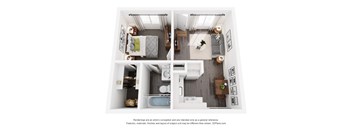 A 3D floor plan of a small apartment with a bedroom, living room, kitchen, and bathroom.