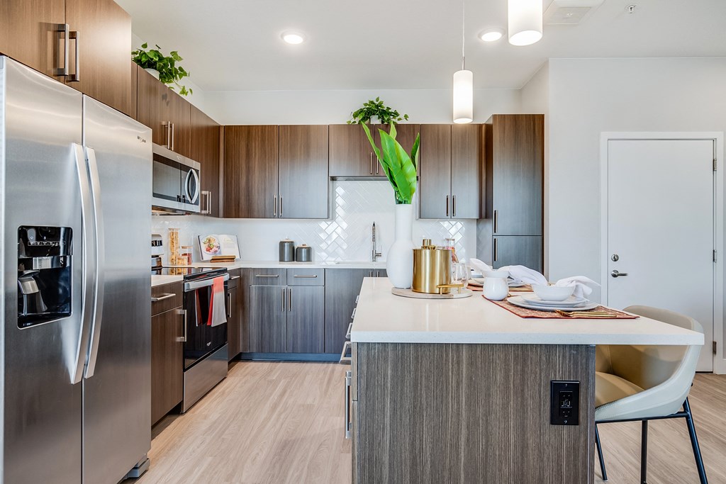Kitchen with stainless-steel appliances