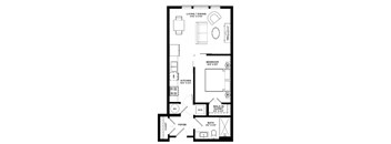 A black and white image of a floor plan for an apartment.