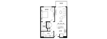 A black and white image of a floor plan for a small apartment.