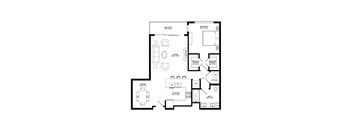 A black and white floor plan of a house with a balcony, two bedrooms, a living room, a dining room, a kitchen, a storage area, and a bathroom.