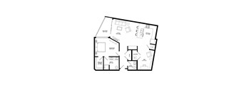 A black and white floor plan of a house with a balcony, living room, kitchen, laundry, and bathrooms.