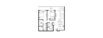 A black and white floor plan of a house with a master bedroom, a second bedroom, a living room, a kitchen, a master bath, a walk-in closet, and a laundry room.