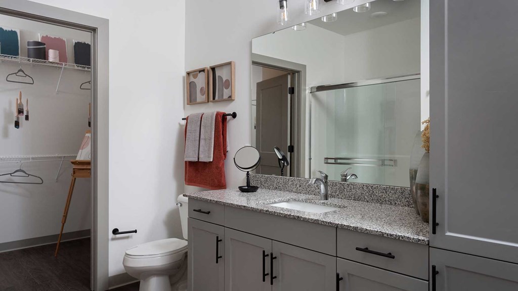 A residence bathroom with the vanity and mirror on the right wall and a walk-in closet on the left.