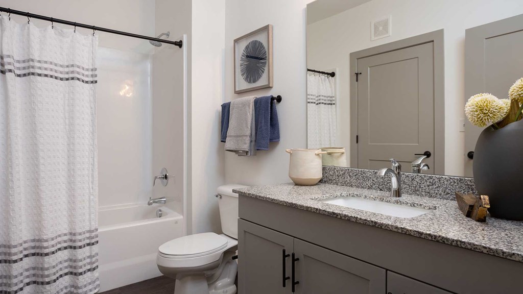 A bathroom in a residence. The shower is ahead on the left and the vanity and mirror on the right.
