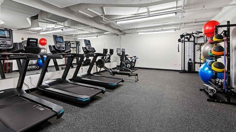 Several free weights and exercise balls are stacked on the left, more weights and a television are along the far wall, and various equipment, including treadmills are on the right in the Fitness Center at Wrigleyville Lofts.