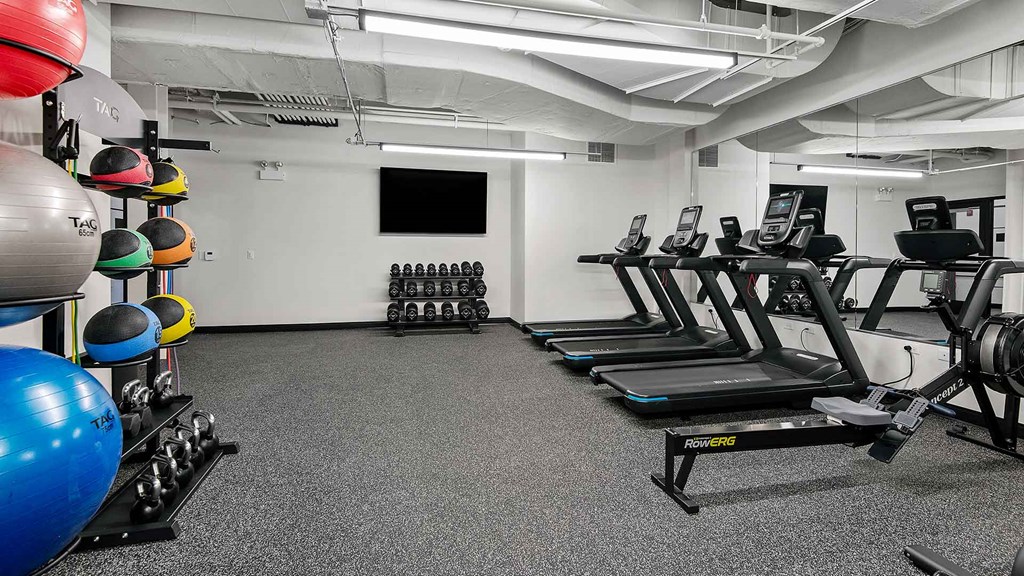 Several free weights and exercise balls are stacked on the left, more weights and a television are along the far wall, and various equipment, including treadmills are on the right in the Fitness Center at Wrigleyville Lofts.