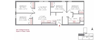 A floor plan of an apartment at 301 College Avenue showing four bedrooms, a living room, a kitchen, a bathroom, and an entry way.