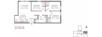 A floor plan of a 301 College Avenue Style E-3 bed/1 bath.