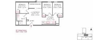 A floor plan of an apartment at 301 College Avenue showing three bedrooms, a living room, a kitchen, and a bathroom.
