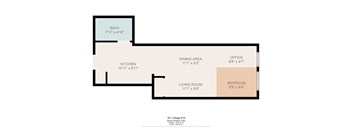 A floor plan of a 301 College #1D apartment with a kitchen, living room, dining area, office, and bathroom.