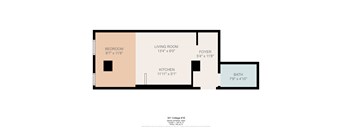 A floor plan of a 301 College #1E apartment showing a bedroom, living room, kitchen, foyer, and bath.
